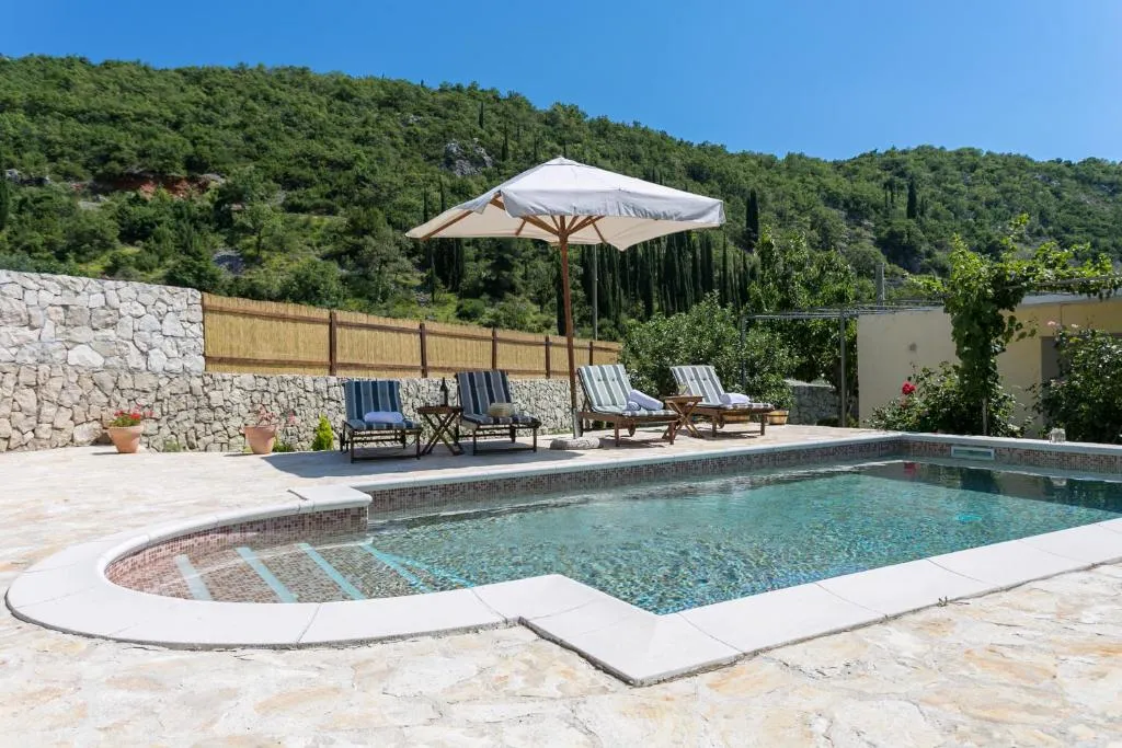 Villa Betty private pool with sun umbrella and loungers, Konavle hills behind